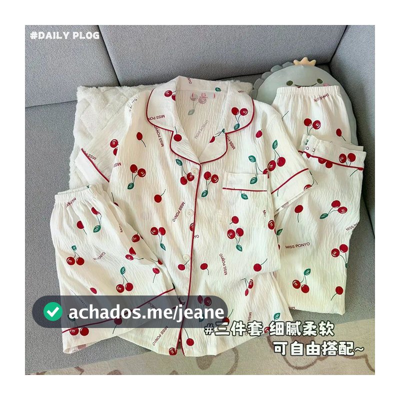 Feminino Doce Manga Curta 3 Peças Terno Cereja Desenho Animado Estampa Pijama Para Casa