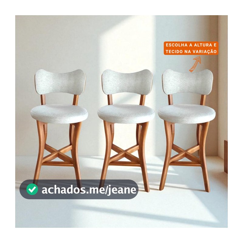 Banqueta com Encosto Linho Bege 3 unidades Conforto Beleza Madeira Maciça Estofado Premium
