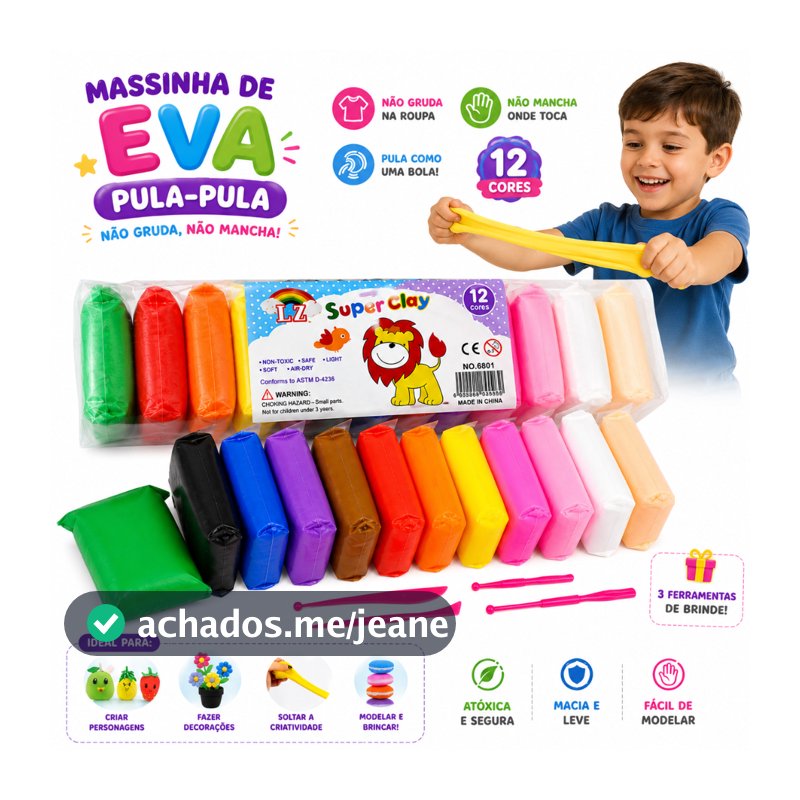 Kit 12 ou 48 Massinha Argila EVA Pula Pula Infantil Atóxicas + Acessórios Brinde Não Gruda l Não Mancha