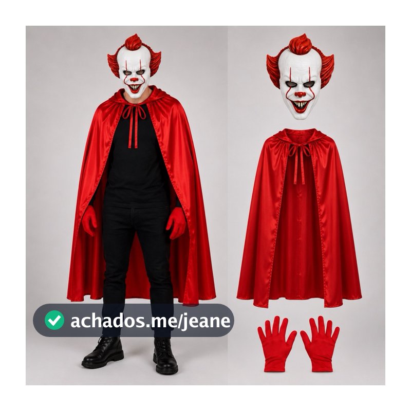 Kit Fantasia Palhaço do Mal Halloween Carnaval (CAPA, LUVA, MÁSCARA)