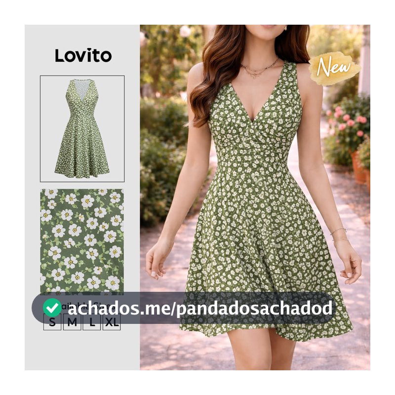 (New Arrival) Lovito Vestido Verde Feminino Casual Com Estampa Floral Miúda Zíper Comprimento Até O Joelho E Corte Evasê Para Primavera Verão Trabalho E Fins De Semana DRB40BR285