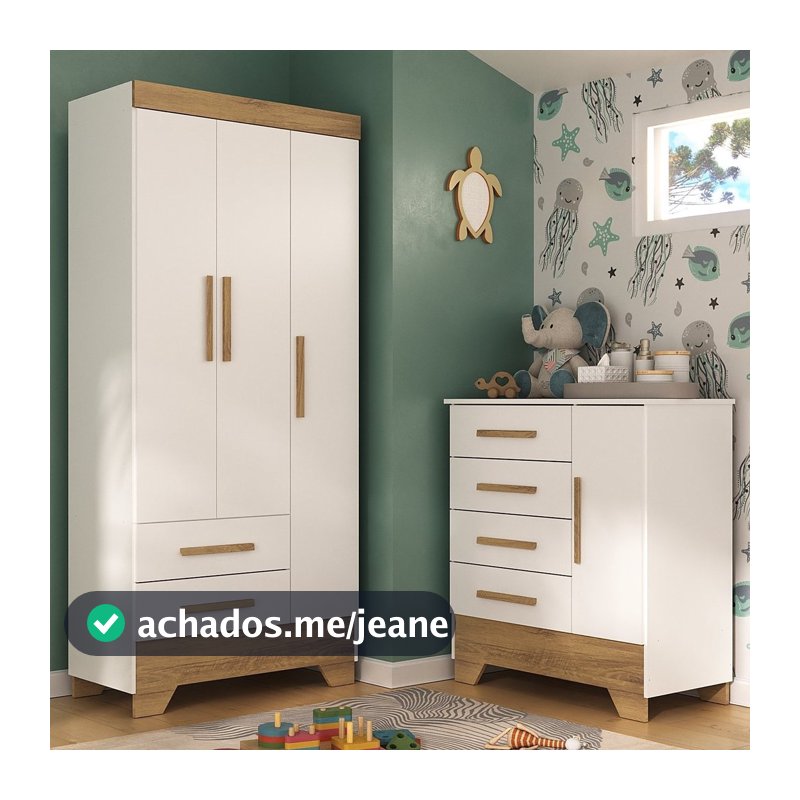 Quarto Infantil Completo Guarda Roupa 3 Portas 2 Gavetas com Cômoda Selene Espresso Móveis Branco/Fosco/Nature Branco