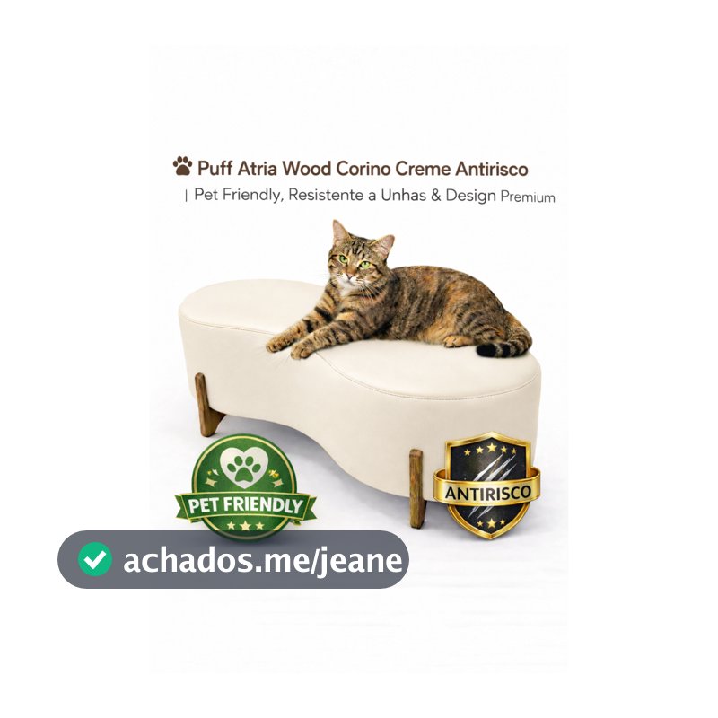 🐾 Puff Atria Wood 1,10m Corino Creme Antirrisco | Pet Friendly, Design Orgânico & Conforto Premium