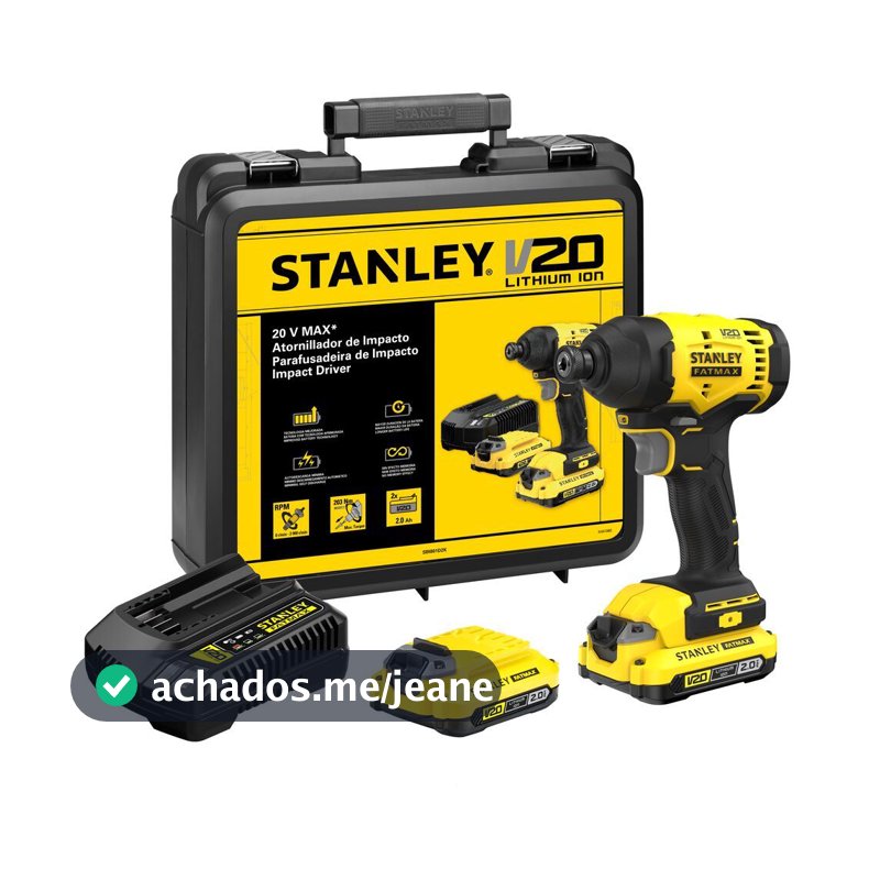 Parafusadeira de Impacto STANLEY SBI801D2K 6,35mm 20V Com 2 Baterias, Carregador e Maleta 110V