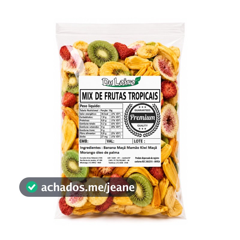 Mix Frutas Tropicais 50g -(7 Frutas): Chips de Banana, Jaca, Mamão, Kiwi, Maçã, Morango e Figo