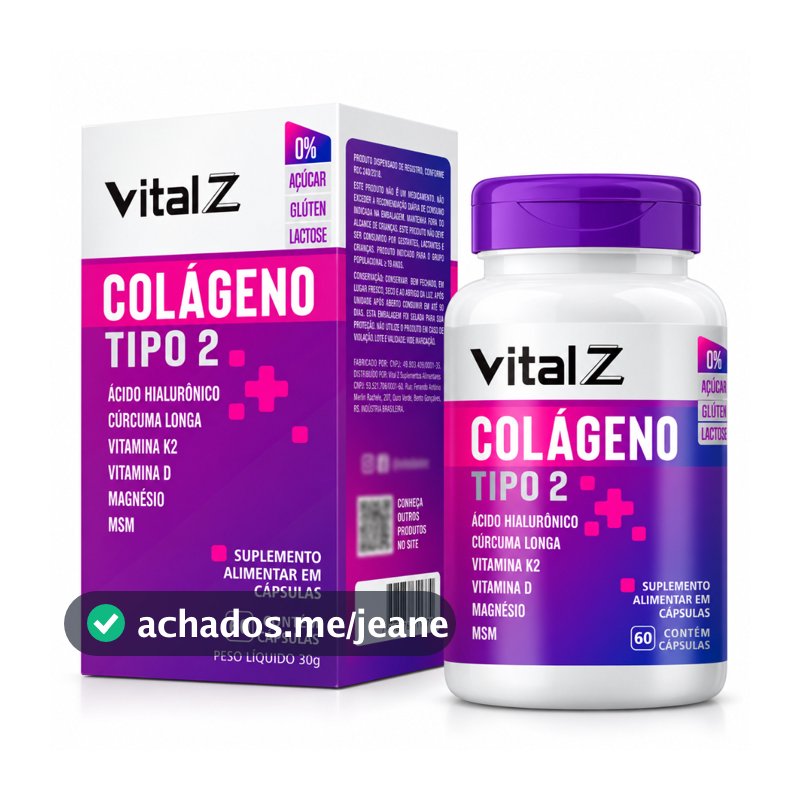 Colágeno Tipo 2 + Ácido Hialurônico + Cúrcuma + Vitaminas K2 e D – 60 Cápsulas Vital Z