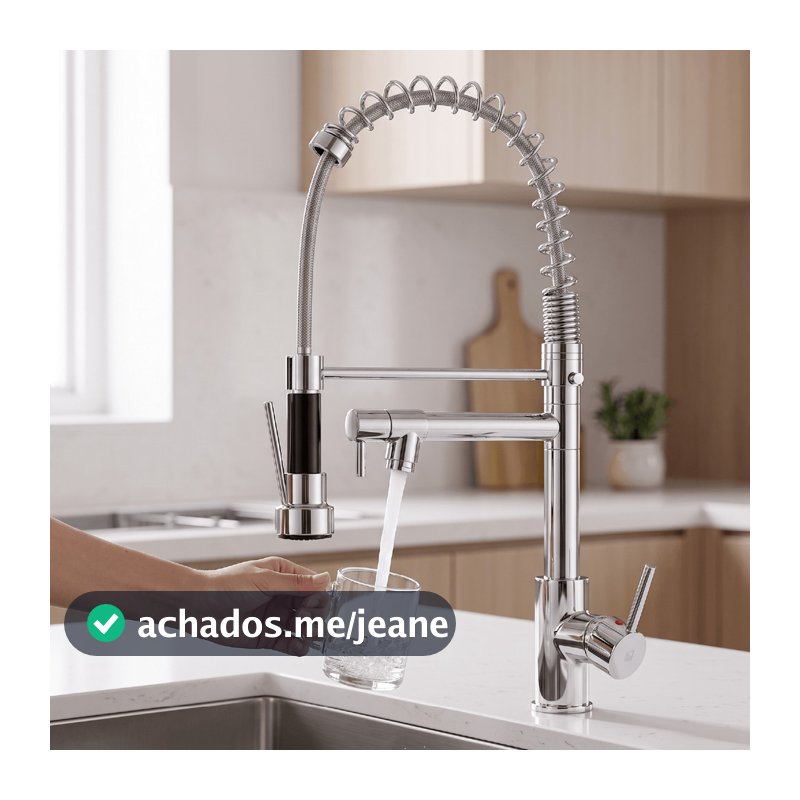 Torneira Gourmet Para Bancada Cozinha Monocomando Com Spray Extensor Prata Flexível Misturador Bica Móvel Cromada 360°