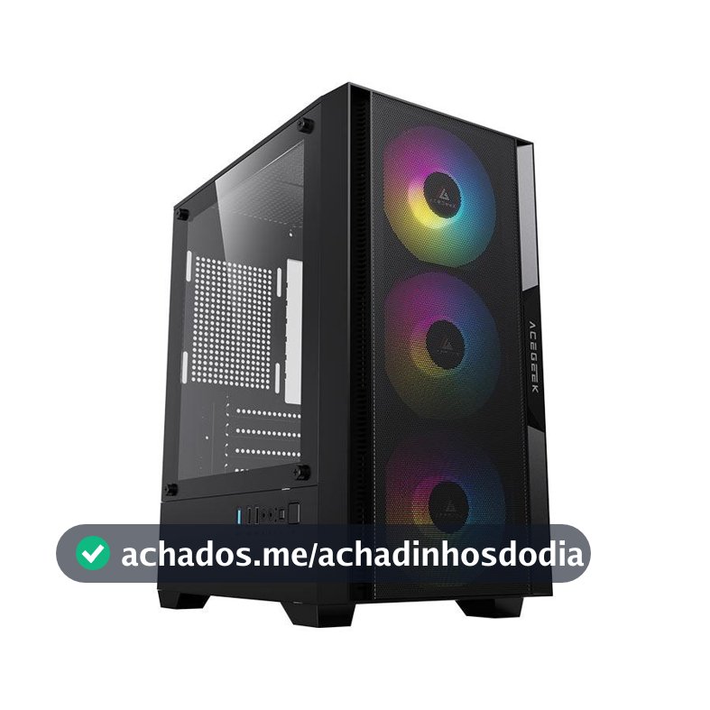 Gabinete Gamer Acegeek Stratus Mesh, Rainbow, Mid-Tower, Com 3 Fans, Preto, AG-STRATUS-MESH-BK-I3F