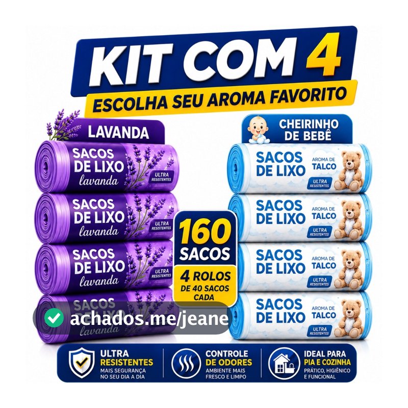Kit 4 Rolos de Sacos de Lixo 10L 160 Unidades Perfumado Lavanda Talco Cheirinho Bebê Pia Banheiro