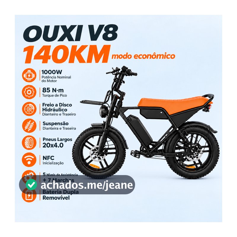 Scooter Elétrica OUXI V8, 1000W, Bateria Dupla 30Ah 1400Wh, Autonomia 140km, NFC, Freio a Disco Hidráulico, 150kg