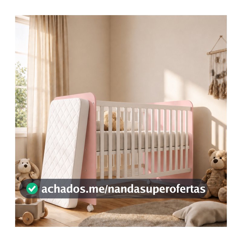 Berço Americano Rosa Colchão Incluso Rodízios Haste Mosquiteiro 110x60 cm Berço Infantil Bebê Menina