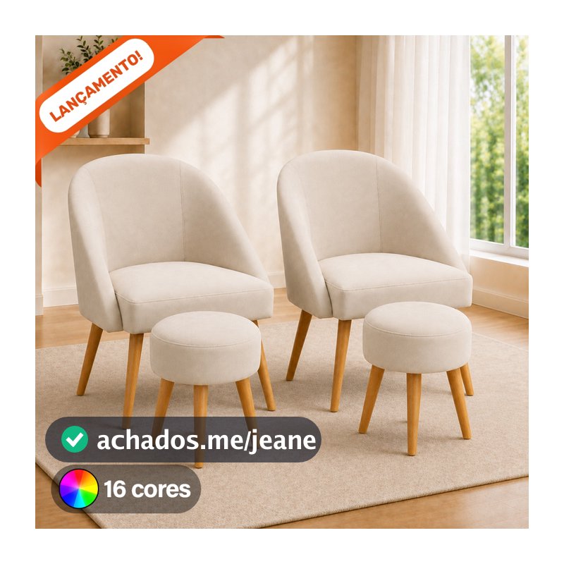 Kit 02 Poltronas Lua e 02 Puff Redondo para Sala Decorativa Pés Palito Suede Aninha Poltronas