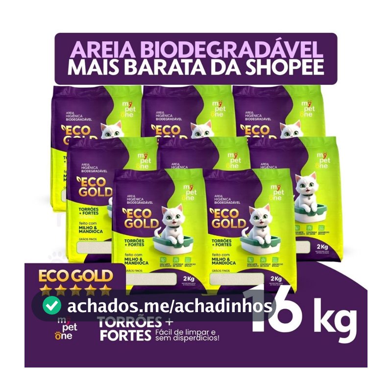 Kit 8 Areia Biodegradável Milho e Mandioca para Gatos Cat Bio Eco Gold Grãos Finos MyPetOne - 16Kg