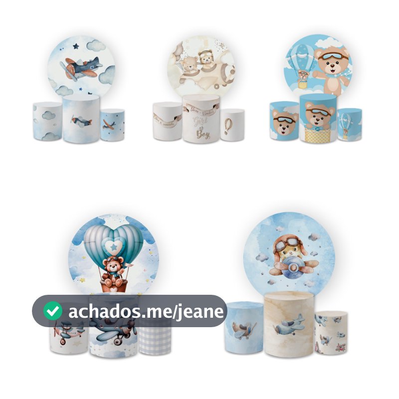 Kit Capa Painel Redondo 1,5 + Trio Cilindros Ursinho Aviador Decoração Aniversário Infantil