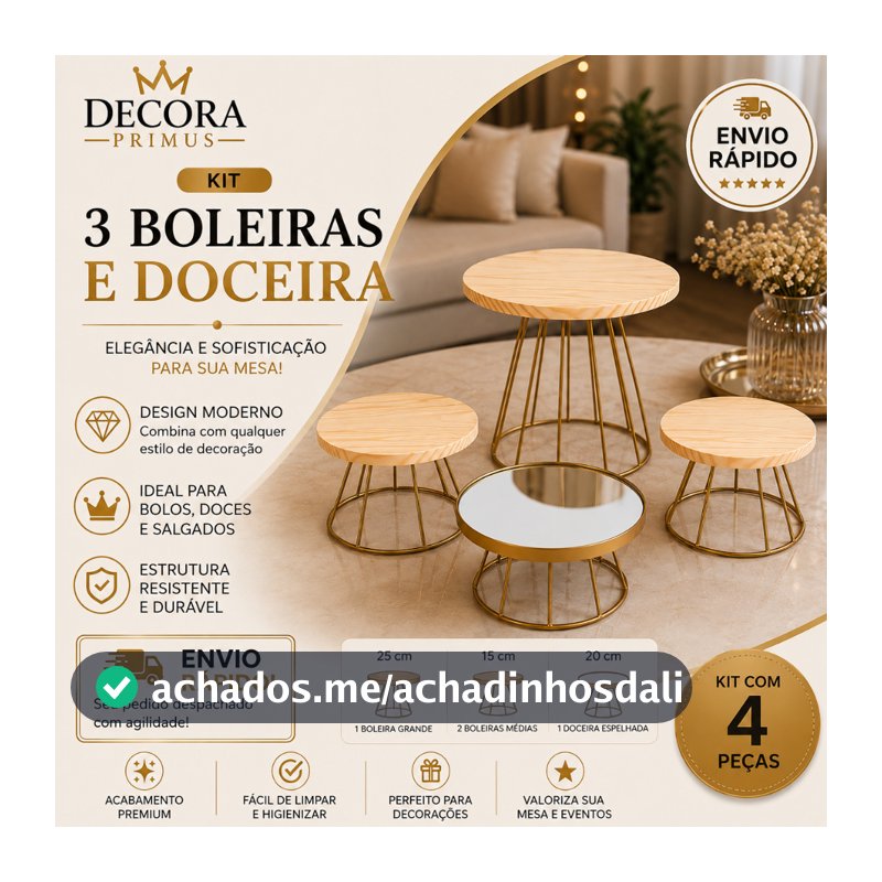 Kit Boleiras para Bolo + Doceira Espelhada Dourada 4 Peças Festa Decoração