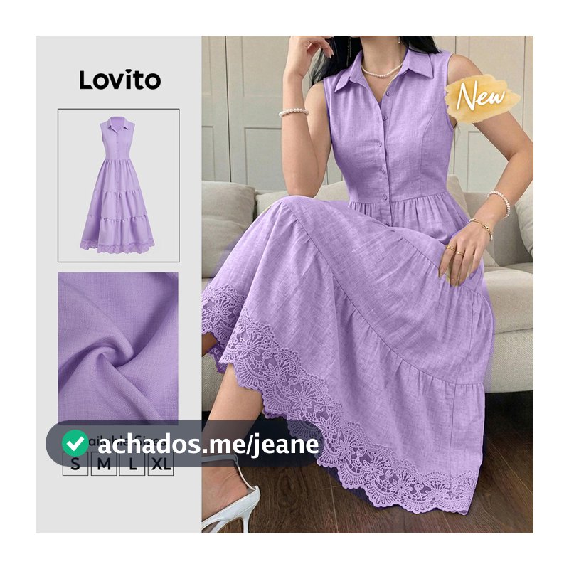 (New Arrival) Lovito Vestido Casual De Renda Com Botões Em Camadas Para a Primavera/verão Na Cor Roxa Para Mulheres Bordado DRB38BR143