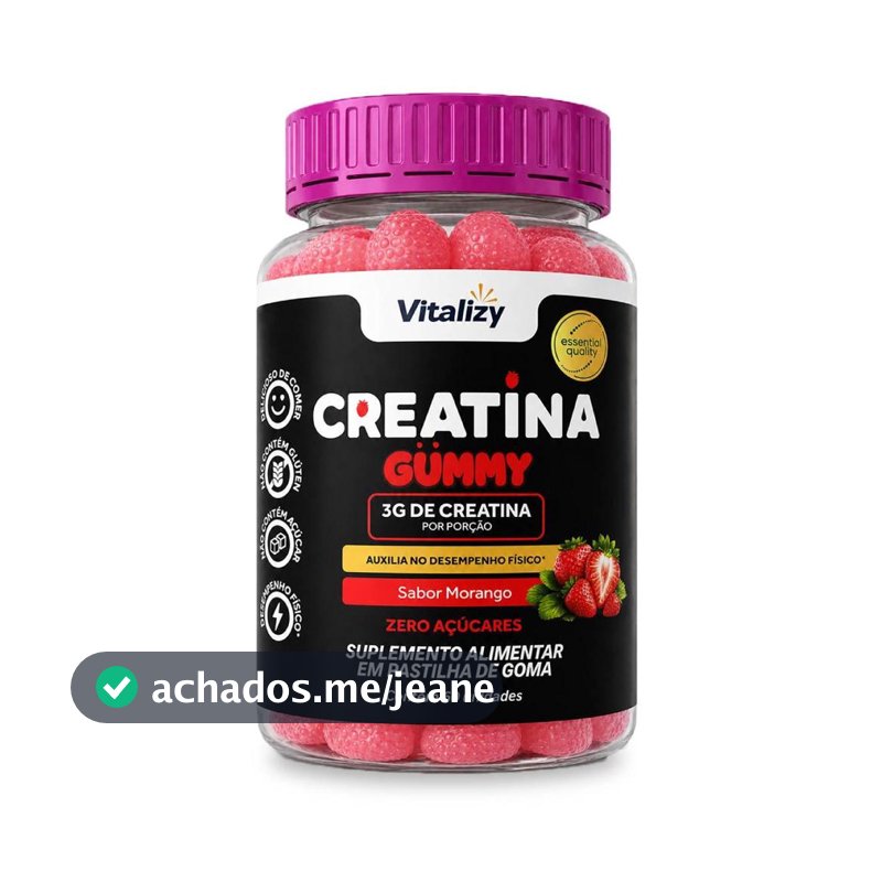 Creatina em Goma Gummy 3g Zero Açúcar 60 Gomas Sabor Morango Vitalizy
