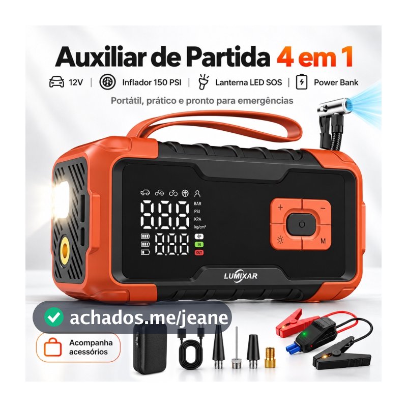 Kit Auxiliar Partida 4 em 1 26800mAh 150PSI Compressor Ar Power Bank Lanterna Carregador 12V Portatil Veicular