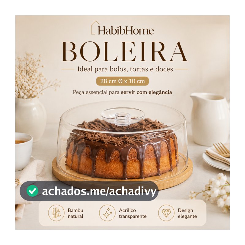 Boleira com Tampa Acrílica e Base de Bambu para Mesa Posta Cozinha Servir Decorar e Organizar