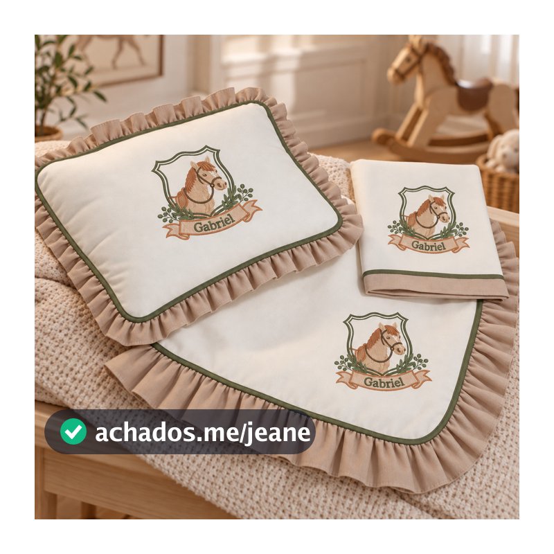 Kit Leito Maternidade 3 peças PERSONALIZADO COM NOME meninos Cavalinho Cavalo caqui viés verde musgo