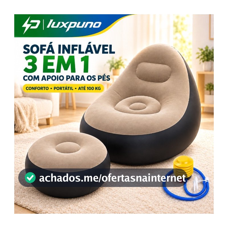 Sofá Inflável Portátil Ultra Lounge Conjunto Poltrona e Puff com Bomba Dobrável Camping Praia Casa PVC Flocado Multiuso