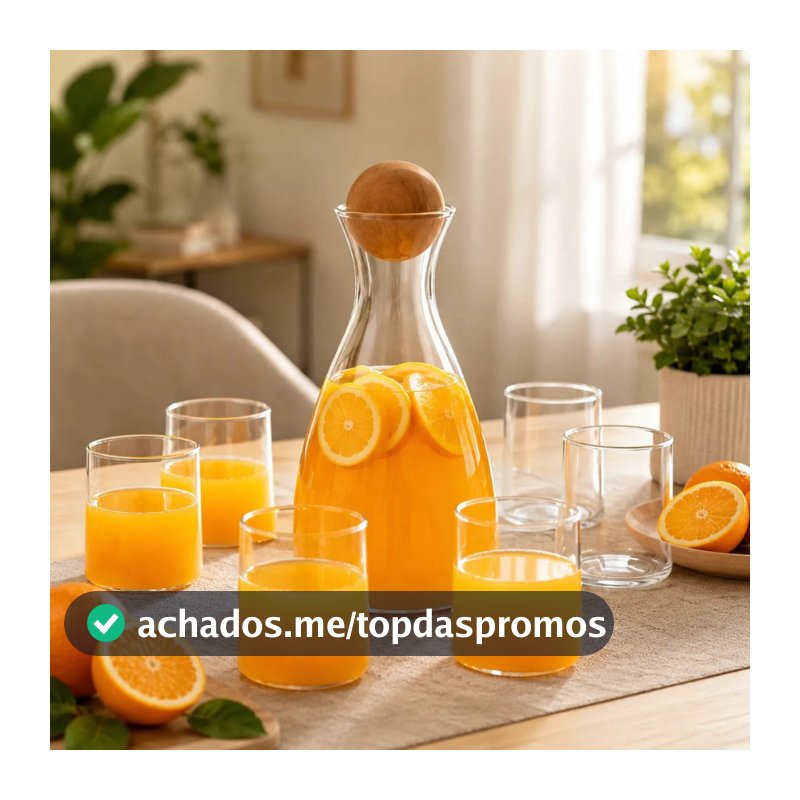 Kit Jarra De Suco e Agua De Vidro Borossilicato 1,7 Litros + 6 Copos 280ml  Com Tampa De Madeira