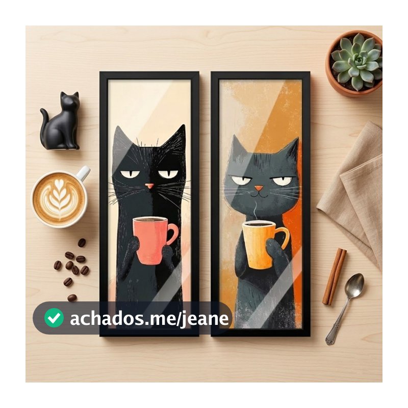 Kit 2 quadros 18x45 cm, cozinha, cantinho do café, gatos, moldura e vidro