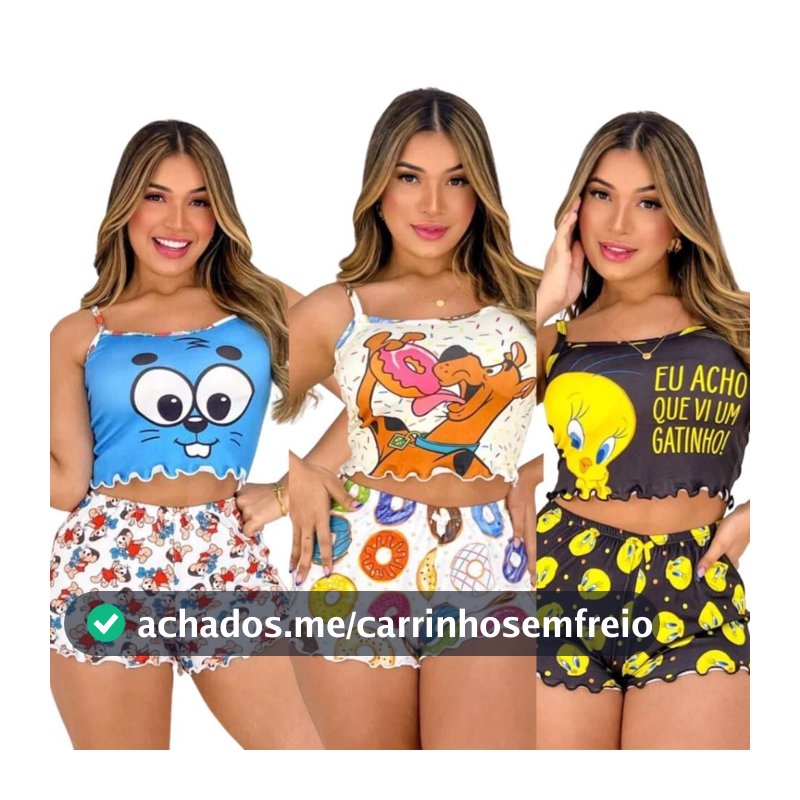 Kit 5 Pijamas Baby Doll Sortidos SUEDE Conjunto Feminino Personagem Cropped Ondinha Short Doll de Dormir