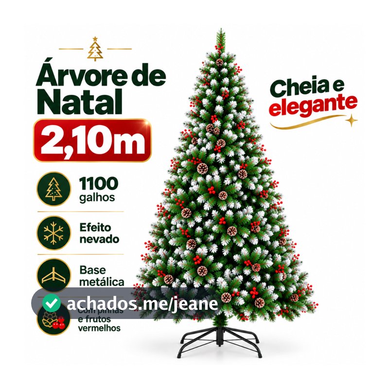 Árvore de Natal 2,10m Pinheiro Artificial Verde com 1100 Galhos Cheia Volumosa Base Metálica Decoração Natalina