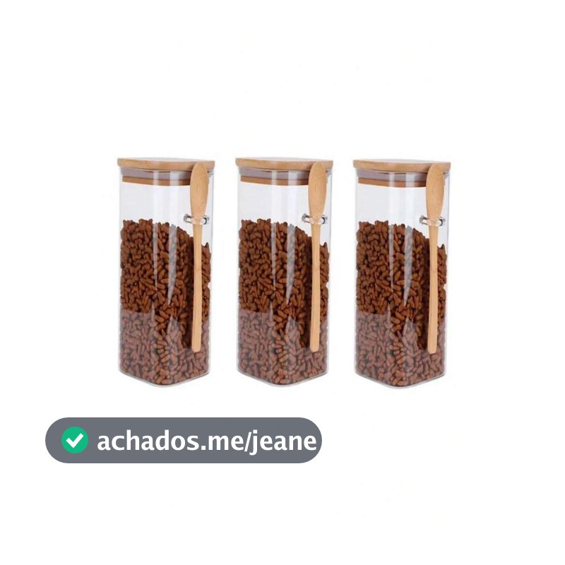 3 Potes Vidro Borossilicato [Quadrado]Tamanho 8 x 15cm  650 ml Com Tampa e Colher de Bambu