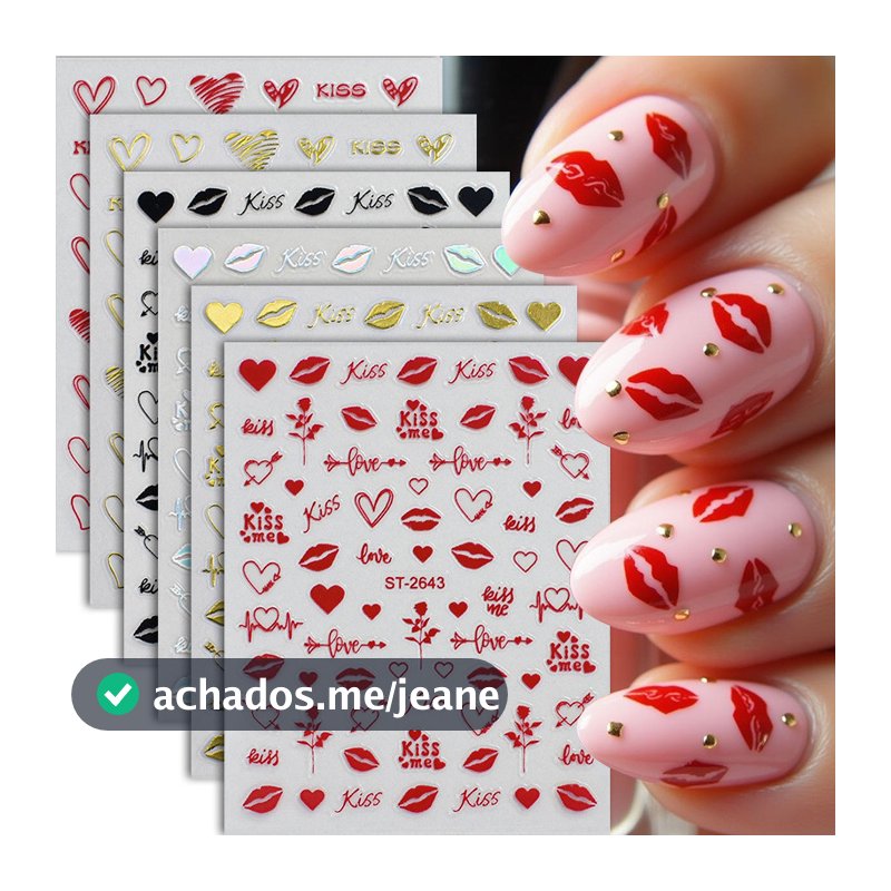 Dia Dos Namorados 3D Adesivos De Unhas Preto Vermelho Coração Lábios Arte Do Prego Adesivo DIY Decalque Da