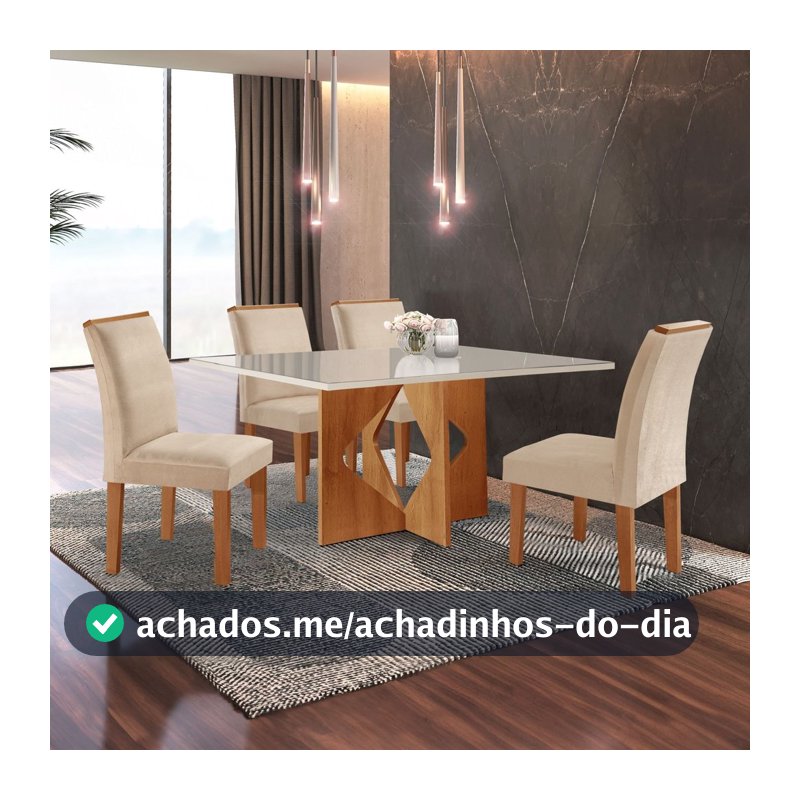 Conjunto Sala de Jantar Mesa Dakota Plus 120x80cm Tampo Vidro com 4 Cadeiras Laura Yescasa Cinamomo/Off White/Suede Pena
