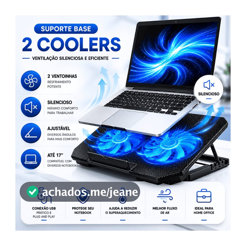 Suporte Base Notebook 2 Coolers Ventilação Silenciosa Ajustável Até 17” Resfriador USB Gamer Home Office