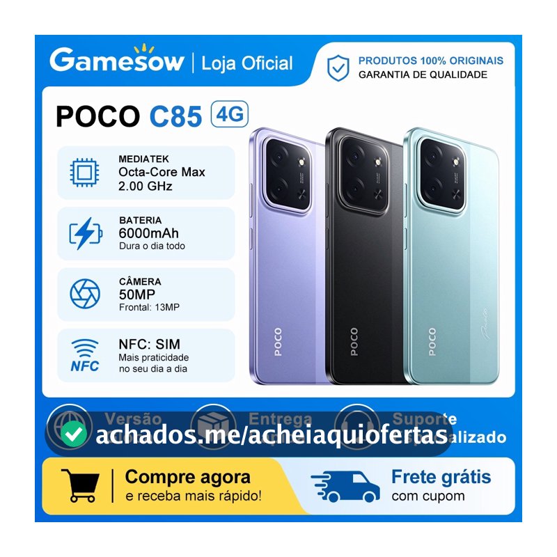 Xiaomi POCO C85 4G (Versão Global) Android 15 NFC Tela 6.9” 120Hz Bateria 6000mAh Carga Rápida (Versão Global)
