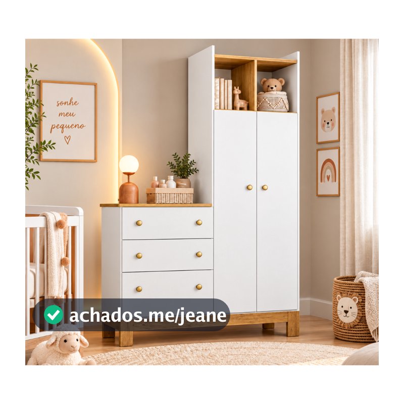 Guarda Roupa Infantil com Cômoda 2 Portas 3 Gavetas Quarto de Bebê Q Encanto Slim Movellu