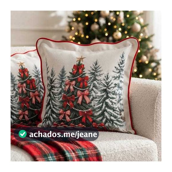 Capa Para Almofada Natal 51x51cm Estampa Digital Árvore de Natal com Laços Vermelhos Borda Ondulada