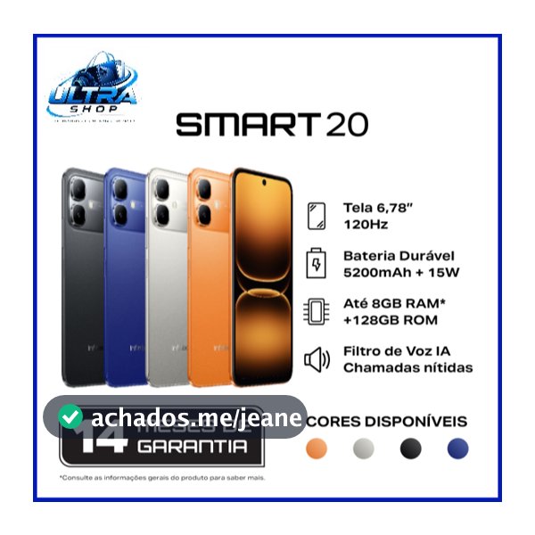 Celular Smartphone Infinix Smart 20 4G 128GB de Armazenamento 4GB de RAM Dual SIM Bateria 5200mAh NFC Tela LCD 6,78"