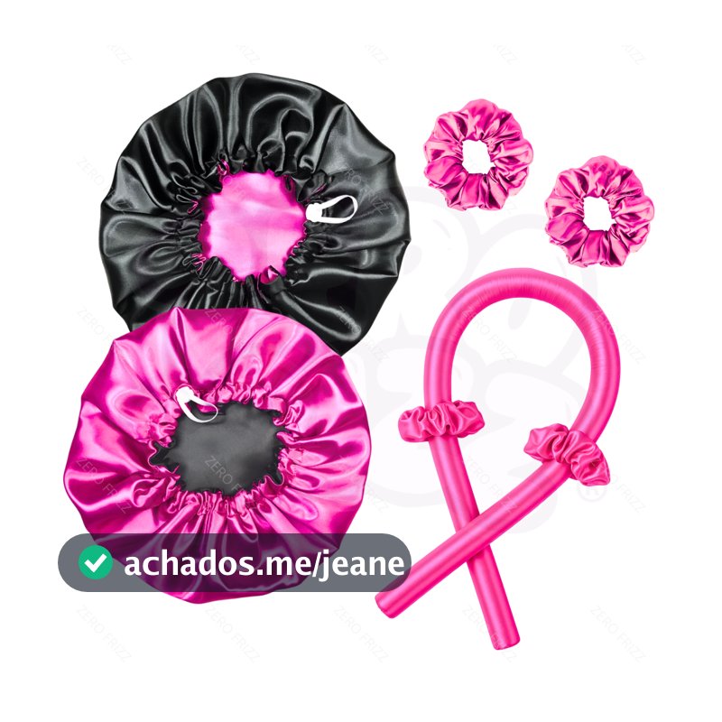 kit cetim touca cetim dupla face ajustável + modelador curling rod + scrunchies