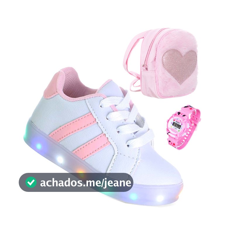 Kit Tenis Infantil Com Luz Brilhante Rosa Menina + Mochila e Relogio