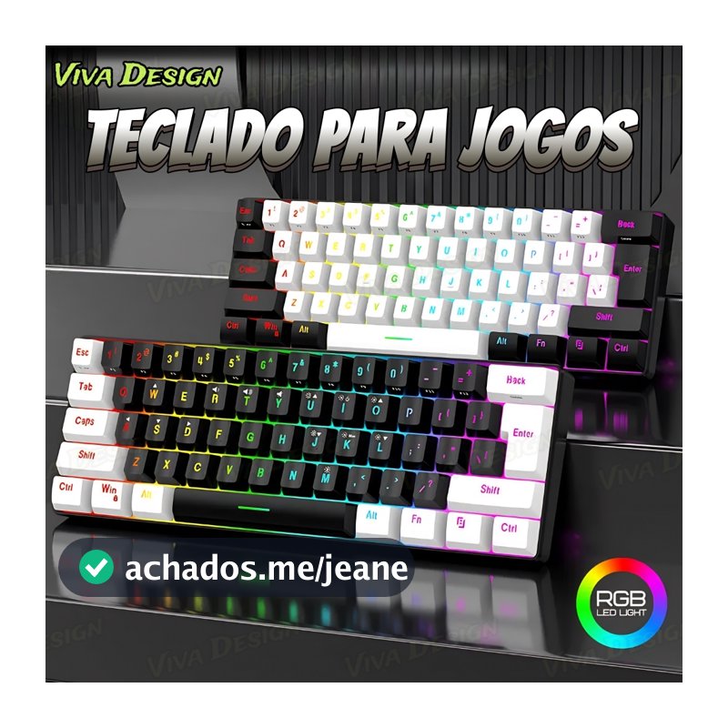 Teclado para jogos com fio 61-Key RGB Backlight Mini Compact USB-C Cabo de alimentação plugável Teclado de escritório