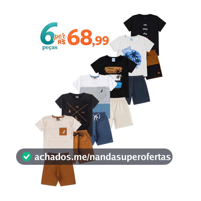 Kit 6 Peças Conjunto Infantil Menino Verão Bebê Algodão Promoção 3 Camisetas + 3 Bermudas Envio Sortido Tamanho 1 ao 12