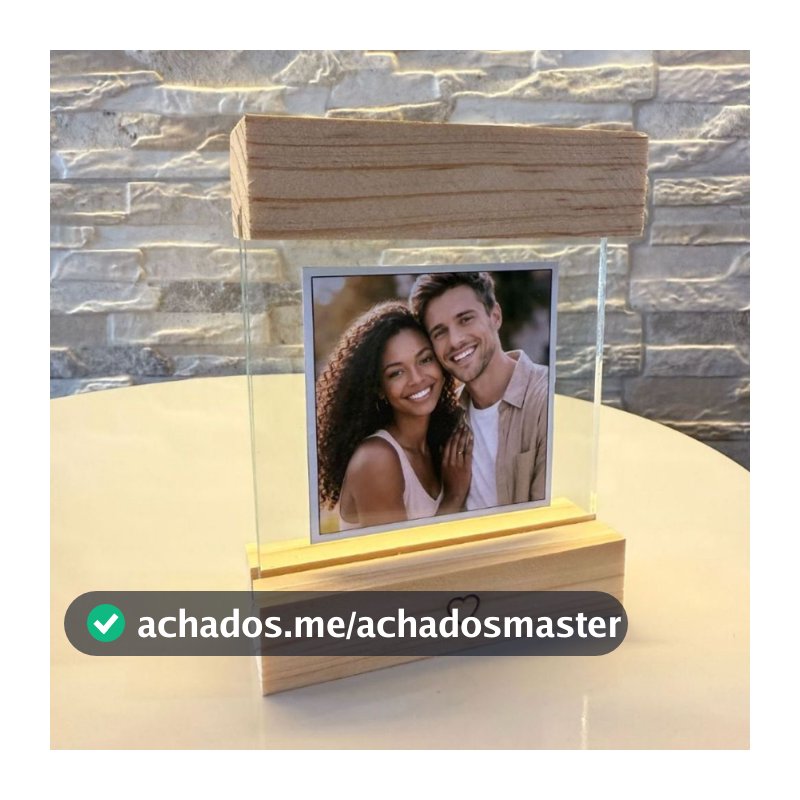 Porta Retrato Dia Namorados Decoração Base Madeira Personalizado Sala Estar Jantar Enfeite Vidro