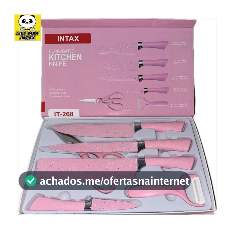 Jogo De Facas Inox Descascador E Tesoura 6 Peças Rosa