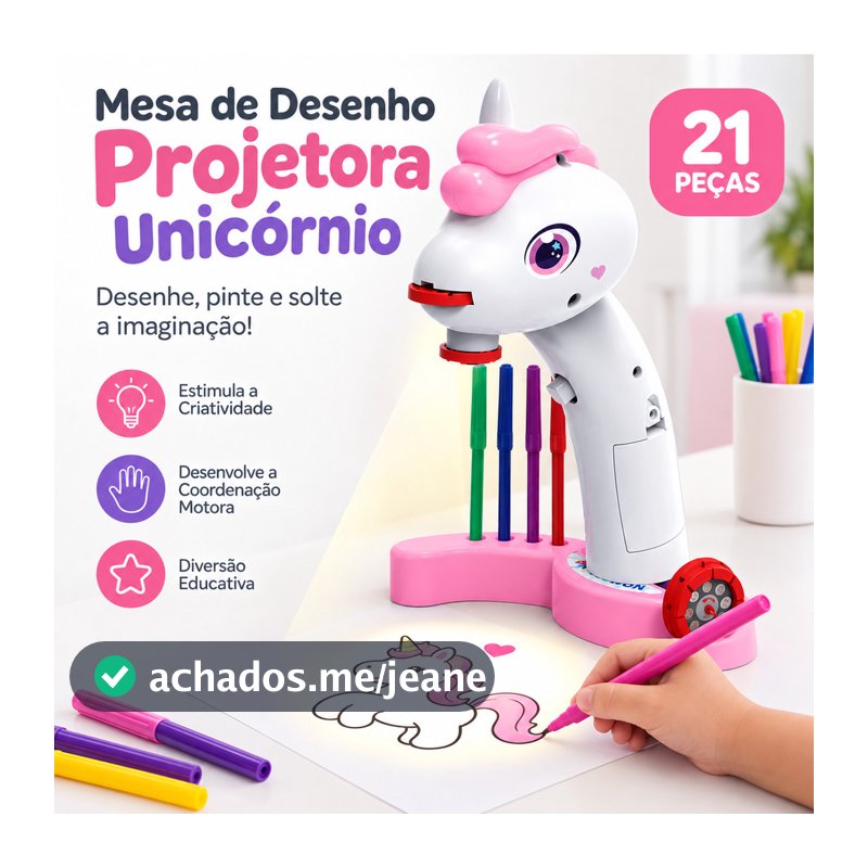 Mesa Projetora Infantil Unicórnio 21 Peças com Luz Canetinhas para Desenhar e Colorir