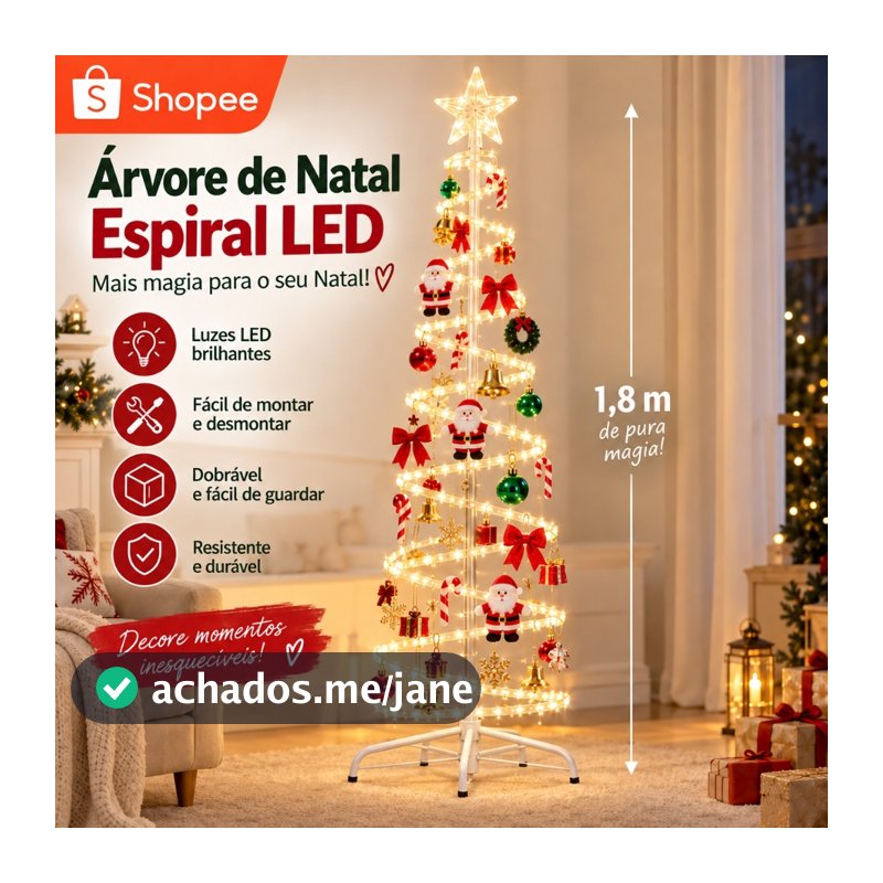 Árvore de Natal Espiral LED 1,8m Dobrável com Papai Noel bengala sinos dourados e enfeites-N10