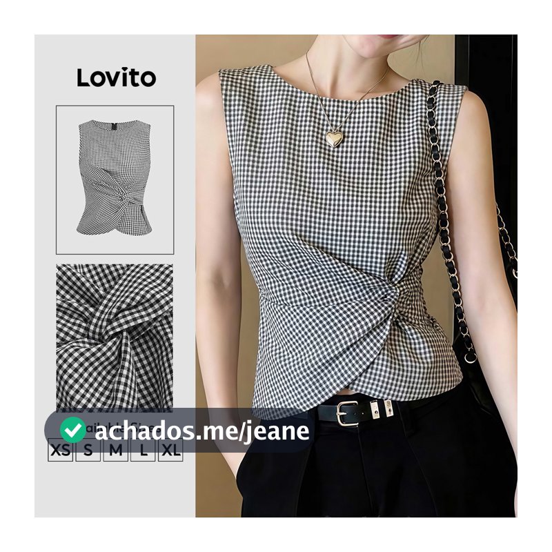 (New Arrival) Lovito Top Feminino Xadrez Elegante Sem Mangas Gola Redonda Nó Zíper Clássico E Versátil Primavera Verão Trabalho Preto E Branco TKB201P1D581