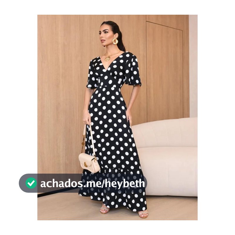 Vestido Feminino Longo Poá Bolinhas Manga Curta Decote V Tendência Blogueira