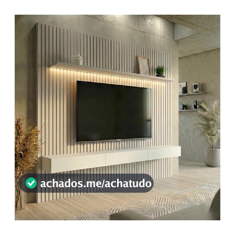 Painel Ripado com Rack Suspenso até 70 Polegadas Tulum com LED 1 PT 2 GV Off White Alt 218 Larg 222 cm