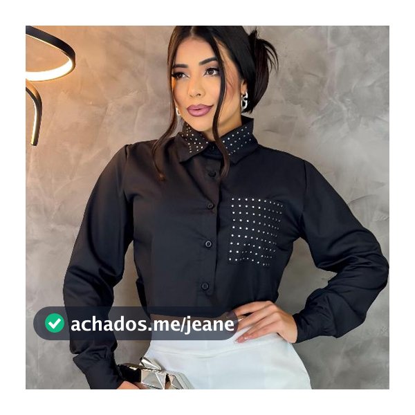 Camisa Cropped De Brilho Preto com Manga Comprida Colarinho e Bolso Com STRASS Social Alfaiataria