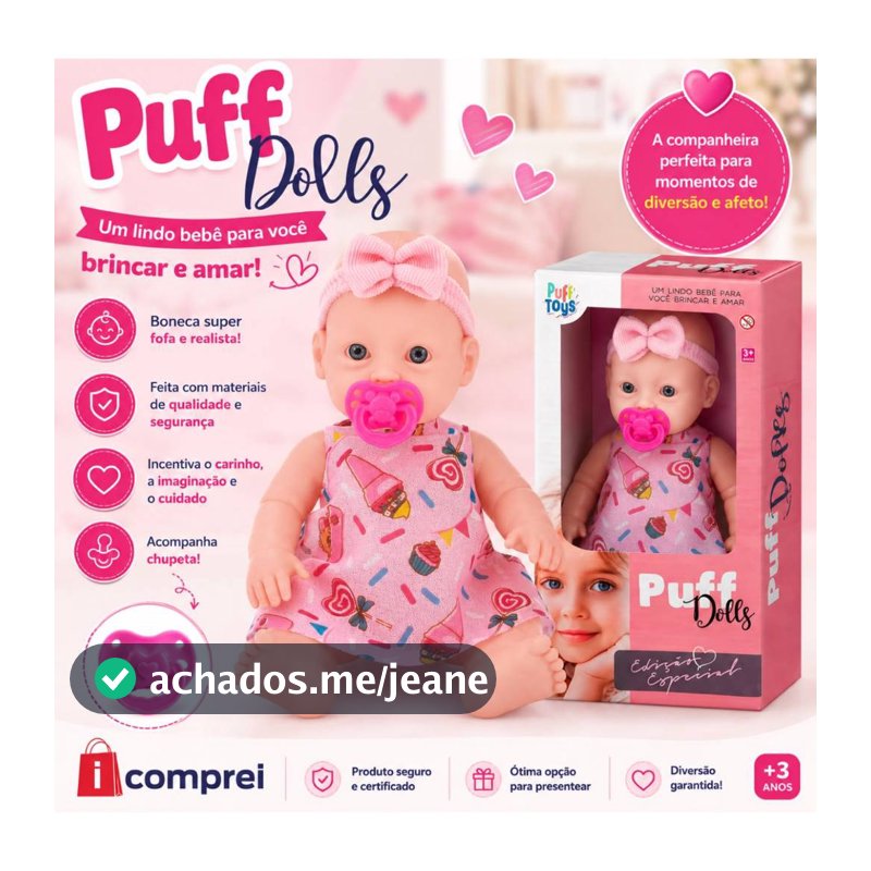 Boneca Puff Dolls Com Chupeta Rosa Menina Brinquedo Infantil Bebê